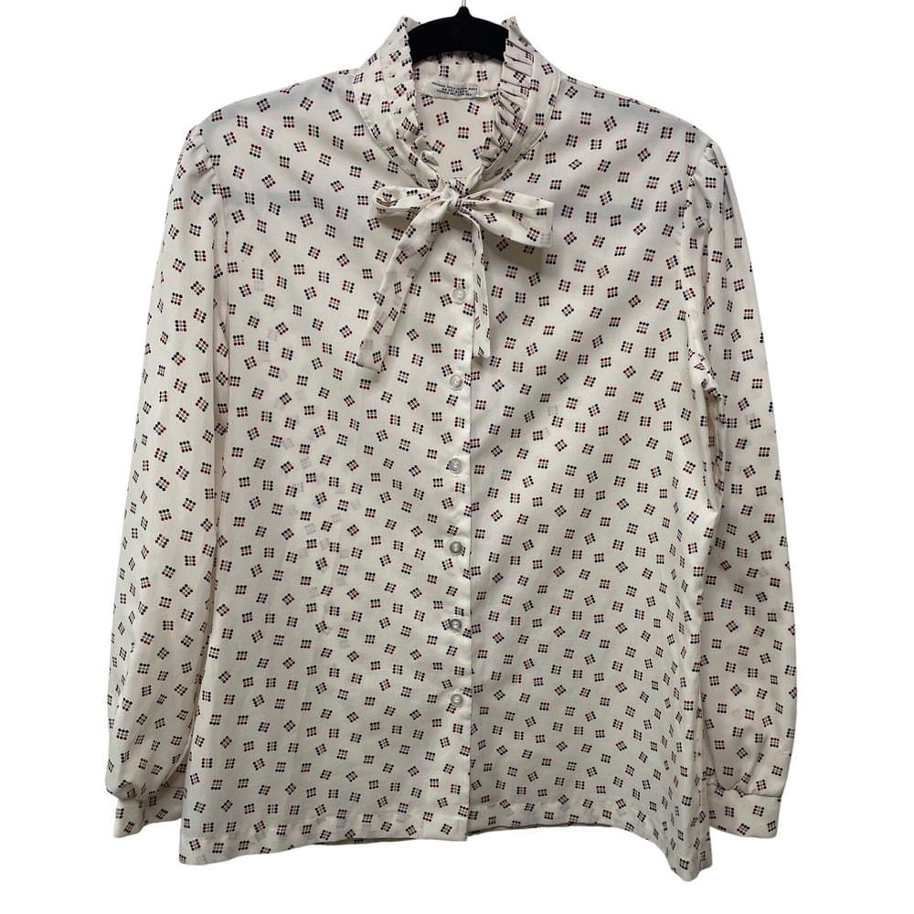 Vtg Alfred Dunner Blouse Cream Tie Neck Academia Career Office Secretary Prep 14